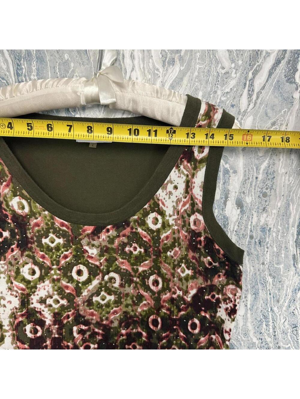 Boho Indie Olive Green Patterned Sleeveless Top L - Picture 5 of 8
